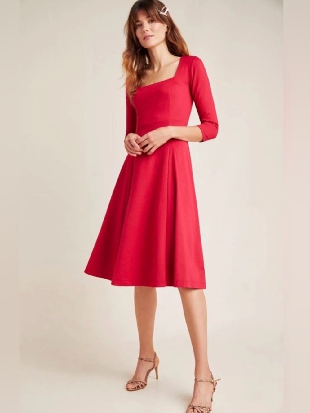 Maeve Red Midi Dress with Square Neck